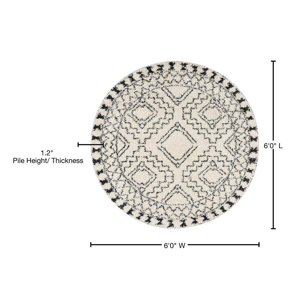 Nuloom Vasiliki Geometric 6 Round Shag Indoor Area Rug for Living Room Bedroom Dining Room Nursery, Off White/Charcoal