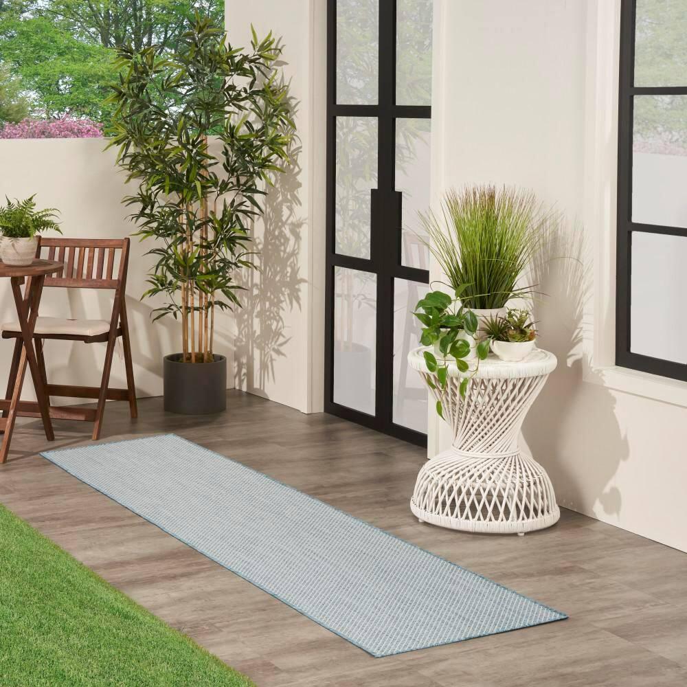 Nourison 2'2" x 8' Courtyard Modern Easy Care Flatweave Indoor Outdoor Runner Rug Ivory/Aqua