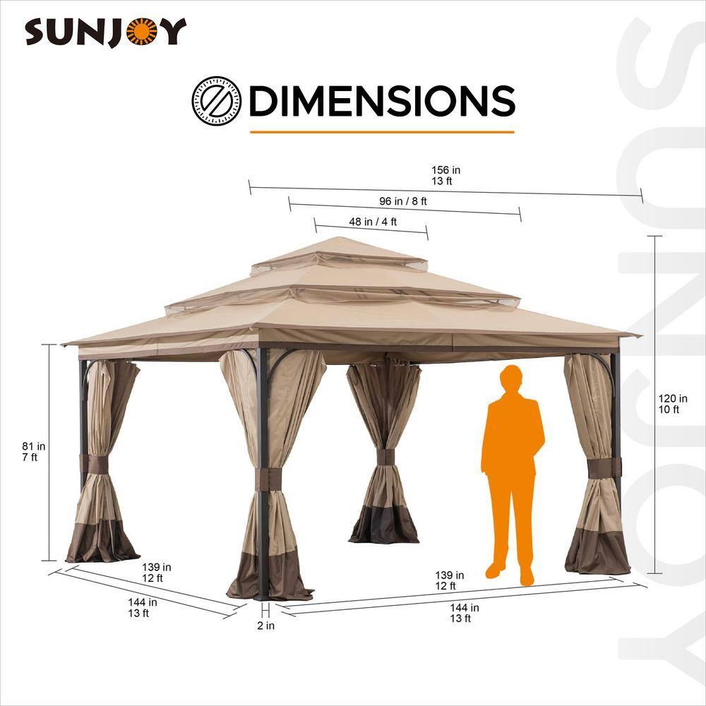 Sunjoy Outdoor Patio Brown Steel Frame 13 ft. x 13 ft. 3-Tier Soft Top Gazebo with Canopy, Mosquito Netting, and Curtains for Backyard Activities