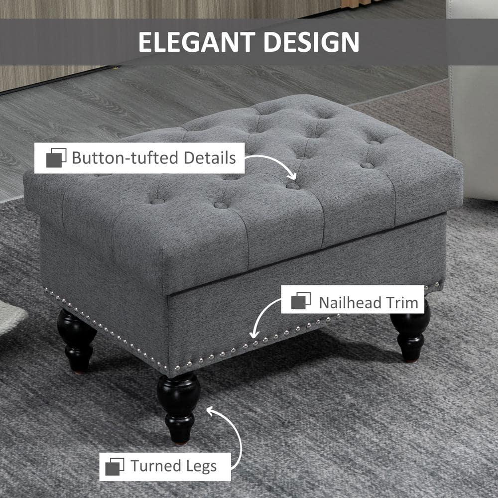 HOMCOM 25" Storage Ottoman with Removable Lid, Button-Tufted Fabric Bench for Footrest and Seat with Wood Legs, Grey