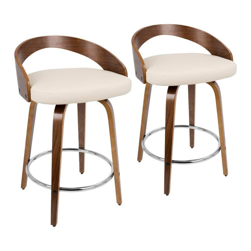 Grotto Mid-Century Modern Counter Stool with Swivel in Walnut with Cream Faux Leather by LumiSource - Set of 2