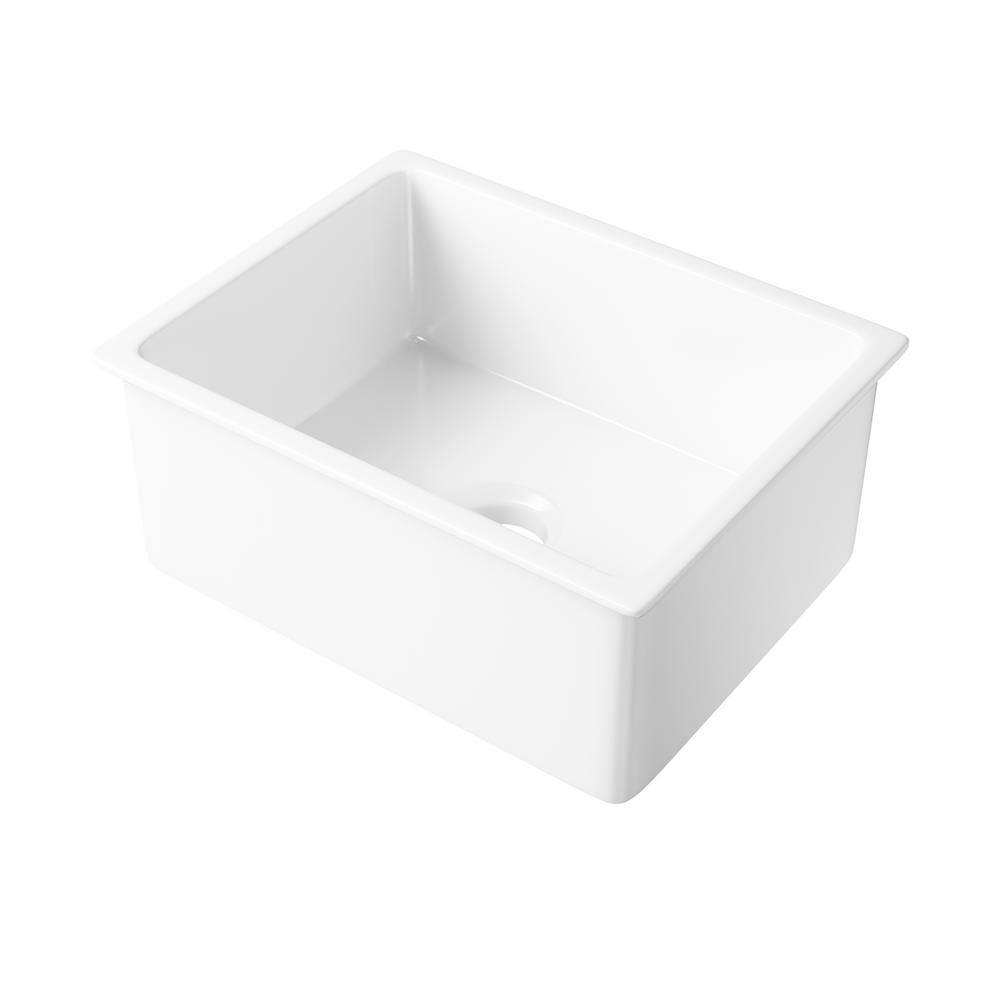 Oslo White Single Bowl Fireclay Undermount Kitchen Sink with Basket Strainer and Bottom Grid