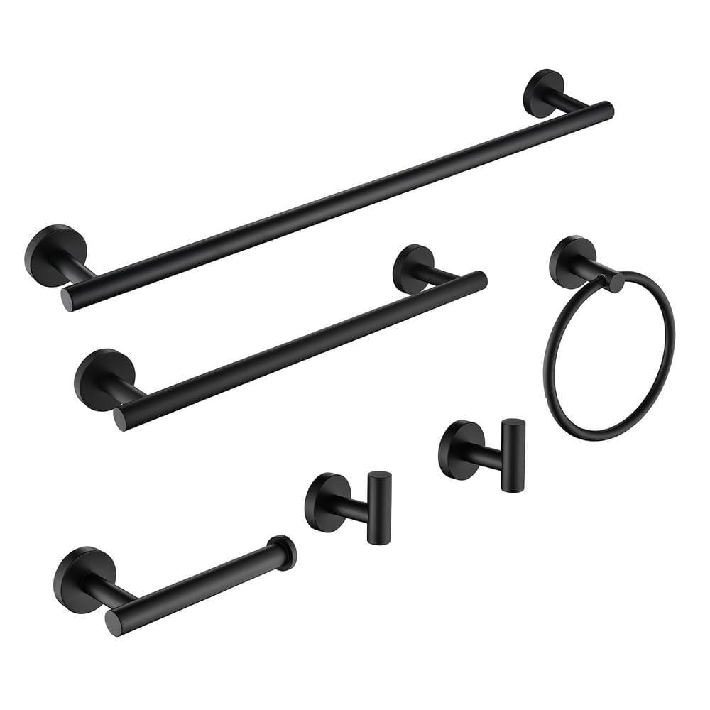 6 PCS Bathroom Hardware Set, Including 16" Hand Towel Bar, Toilet Paper Holder, Towel Ring, Robe Towel Hooks, Bathroom Accessories Kit(Matte Black)
