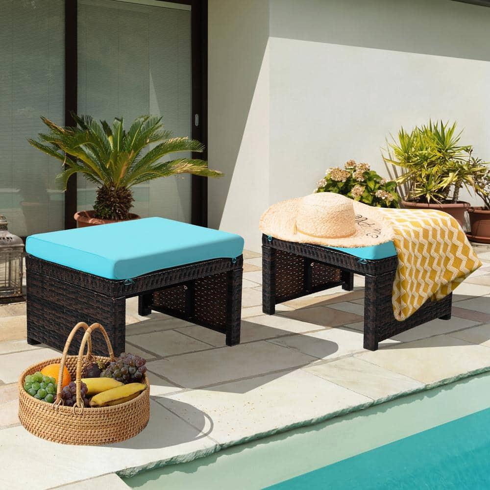 Tangkula 2 PCS Outdoor Wicker Ottoman Patio Rattan Furniture Metal Footrest Seat Square Footstool with Cushion Turquoise