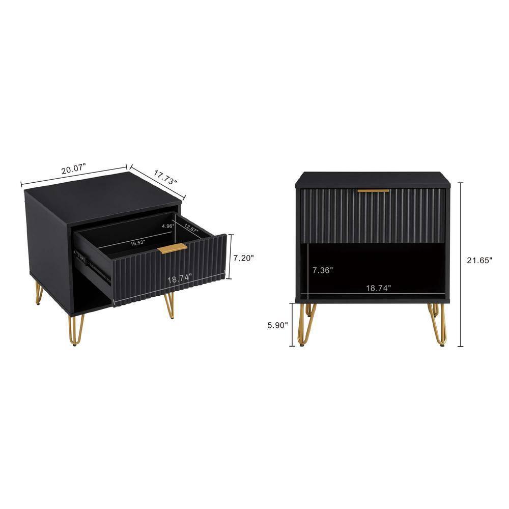 Manhattan Comfort Dumbo Nightstand with Drawer Black: Modern Design, Splayed Metal Legs, Soft Close Storage