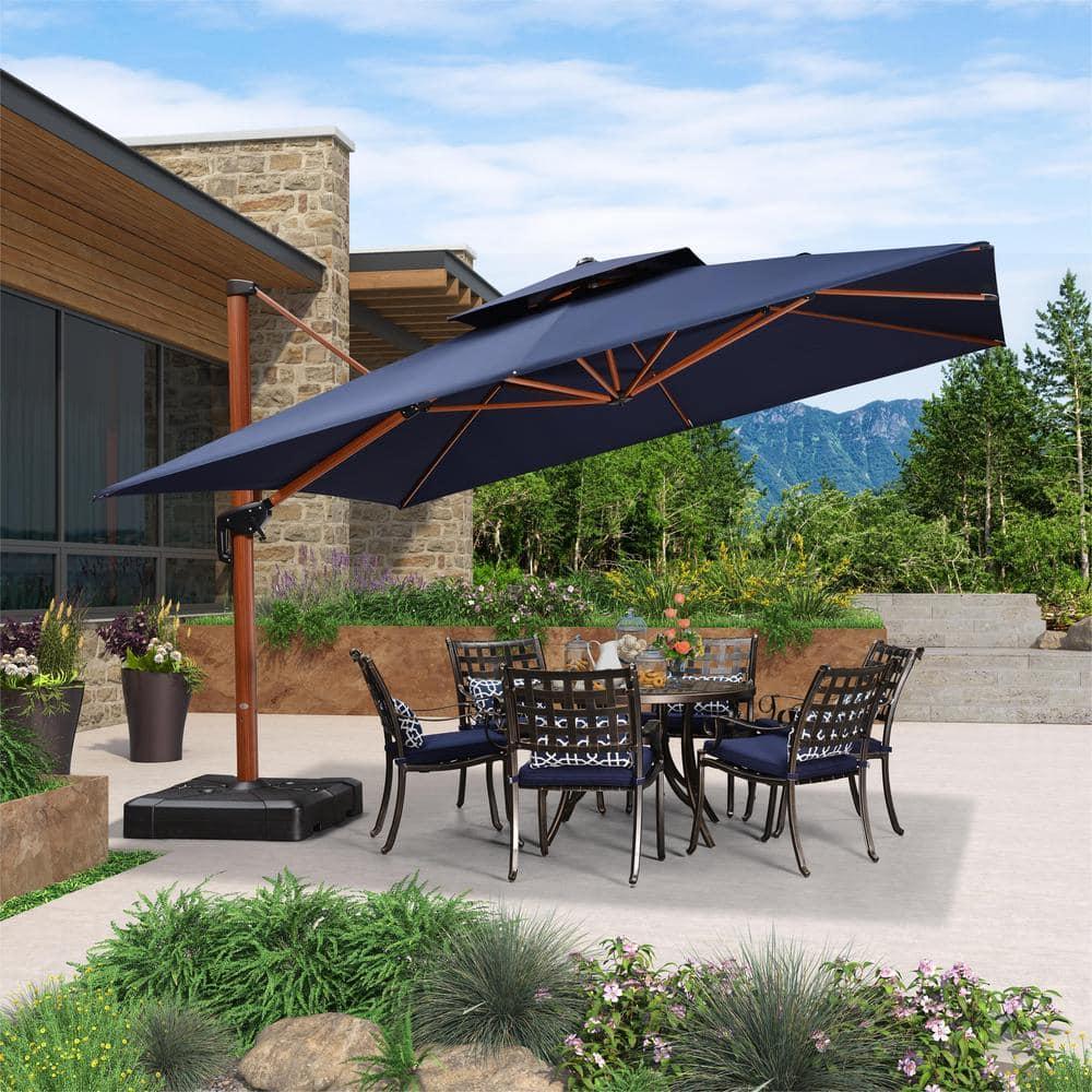 PURPLE LEAF 12FT Deluxe Square Wood Grain Patio Umbrella, Large Offset Cantilever Umbrella with 360° Rotation, Navy Blue