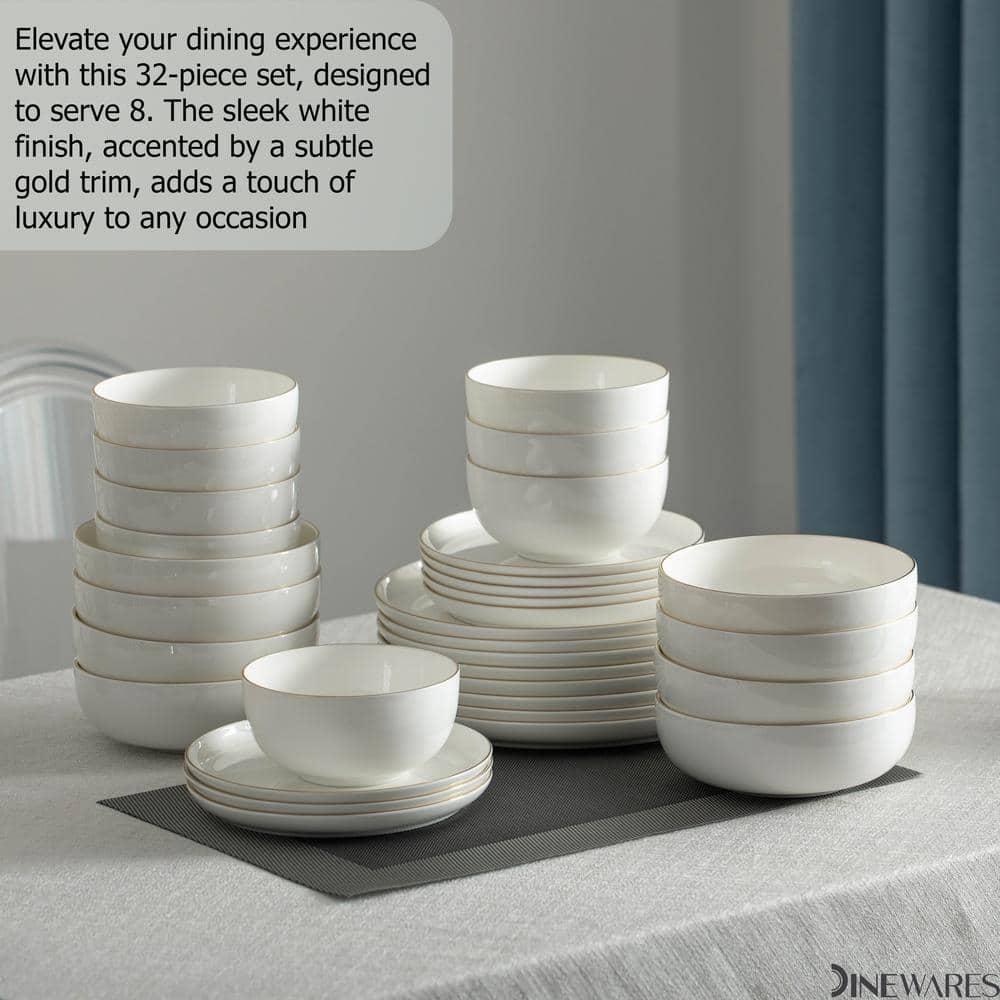 Dinewares White with Gold Rim Bone China Dinnerware Set - Service for 8, Includes Dinner Plates, Salad Plates, and Cereal or Soup Bowls