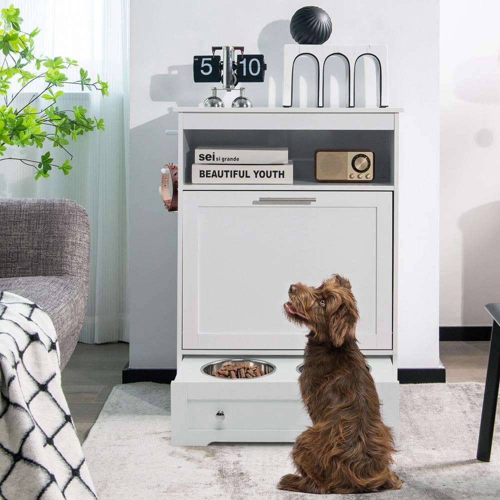 Kepooman Pet Feeder Station with Stainless Steel Bowl-White