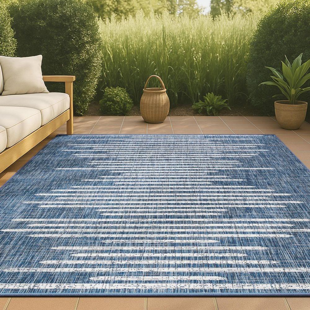 5'x8' Zolak Berber Stripe Geometric Indoor/Outdoor Area Rug, Blue/Ivory - JONATHAN Y