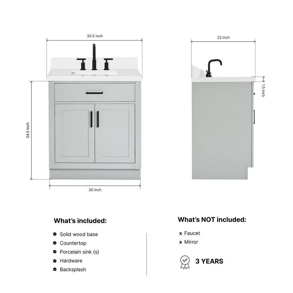 Thornaby 30'' Solid Wood Single Bathroom Vanity with 1.5'' White Quartz Top, Oval Sink