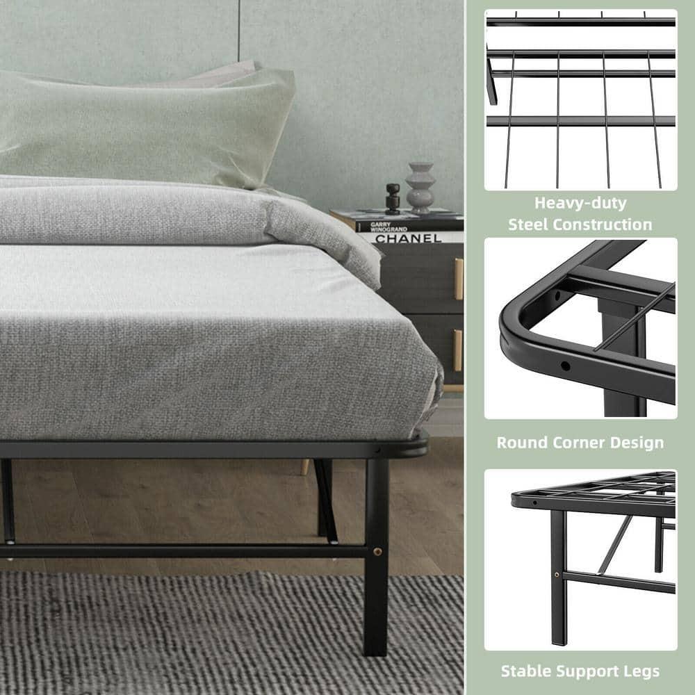 Black Steel Frame Queen Size Platform Bed Tool-Free Assembly with Foldable