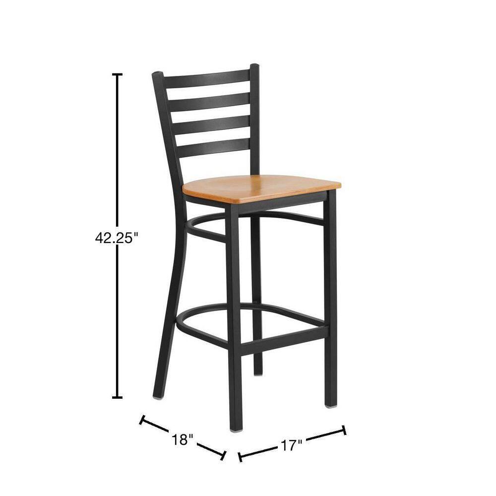 Flash Furniture HERCULES Series Black Ladder Back Metal Restaurant Barstool - Natural Wood Seat