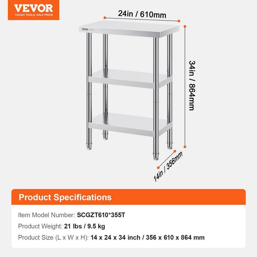 VEVOR Stainless Steel Food Prep Table, 14 x 24 x 34 Inch Commercial Food Prep Worktable Heavy Duty Prep Worktable, Metal Work Table with Adjustable Height for BBQ, Kitchen, Home, and Garage