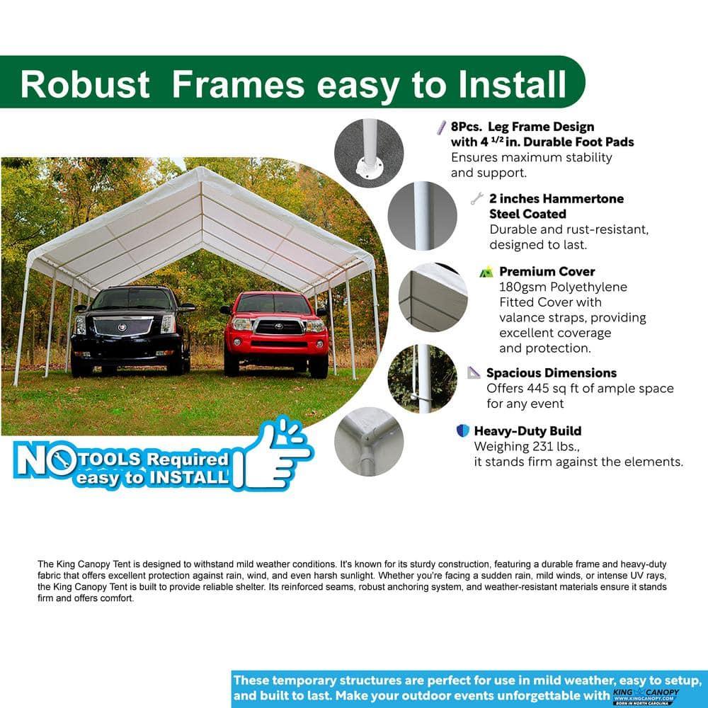 King Canopy  Hercules 18ft x 27ft, 2in Hammertone Steel Frame w/ buttons, 10-Leg, Carport, White