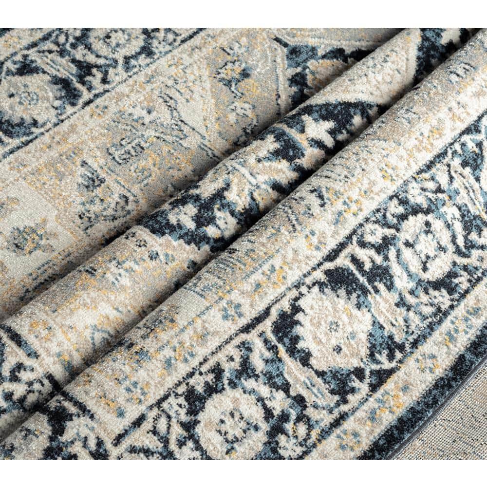 Everwash Treasure Rubia Traditional Medallion Machine Washable Area Rug, Ivory/Navy Blue, 5'2"x7'2"