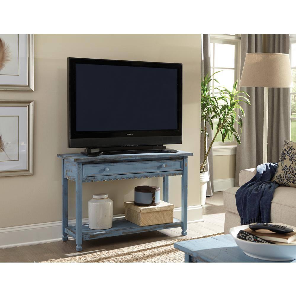 Alaterre Furniture Country Cottage Media/Console Table, Solid Pine Wood Perfect for Living Room, Entryway, Hallway, Blue Antique Finish