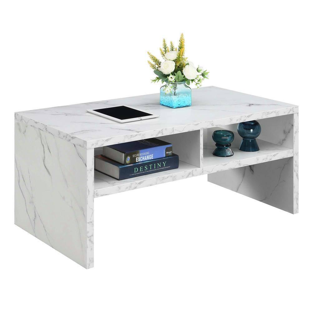 Modern Rectangular Wood & White Marble Coffee Table with Shelves