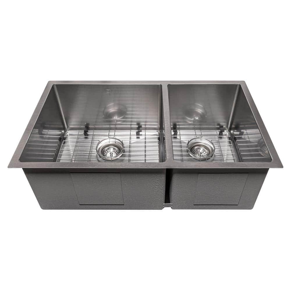 ZLINE 33 in. Chamonix Undermount Double Bowl DuraSnow Stainless Steel Kitchen Sink W/ Bottom Grid (SR60D-33S)