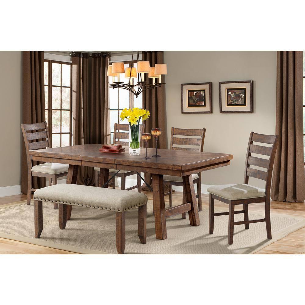 Picket House Furnishings Dex 6pc Extendable Dining Table Set, 4 Ladder Side Chairs And Bench Upholstery Walnut Brown/ Cream