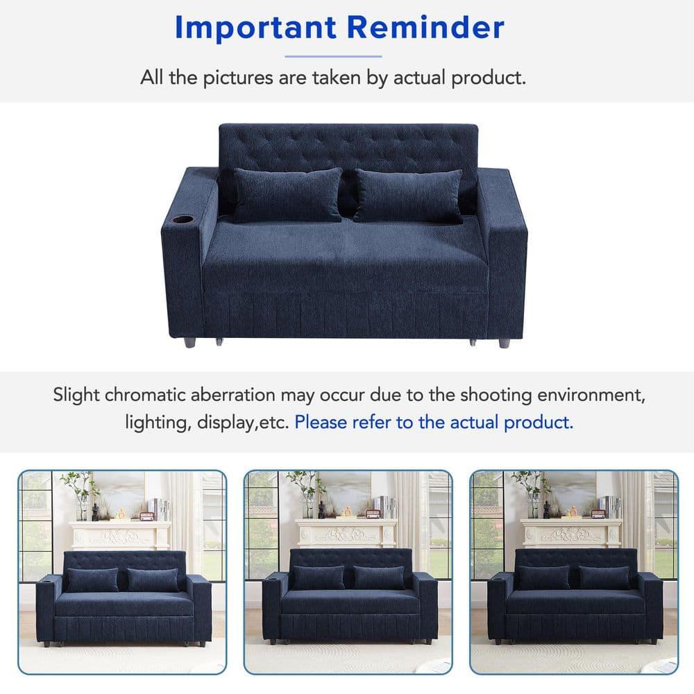 Blue Chenille Tufted Twin Sleeper Sofa with Cup Holder