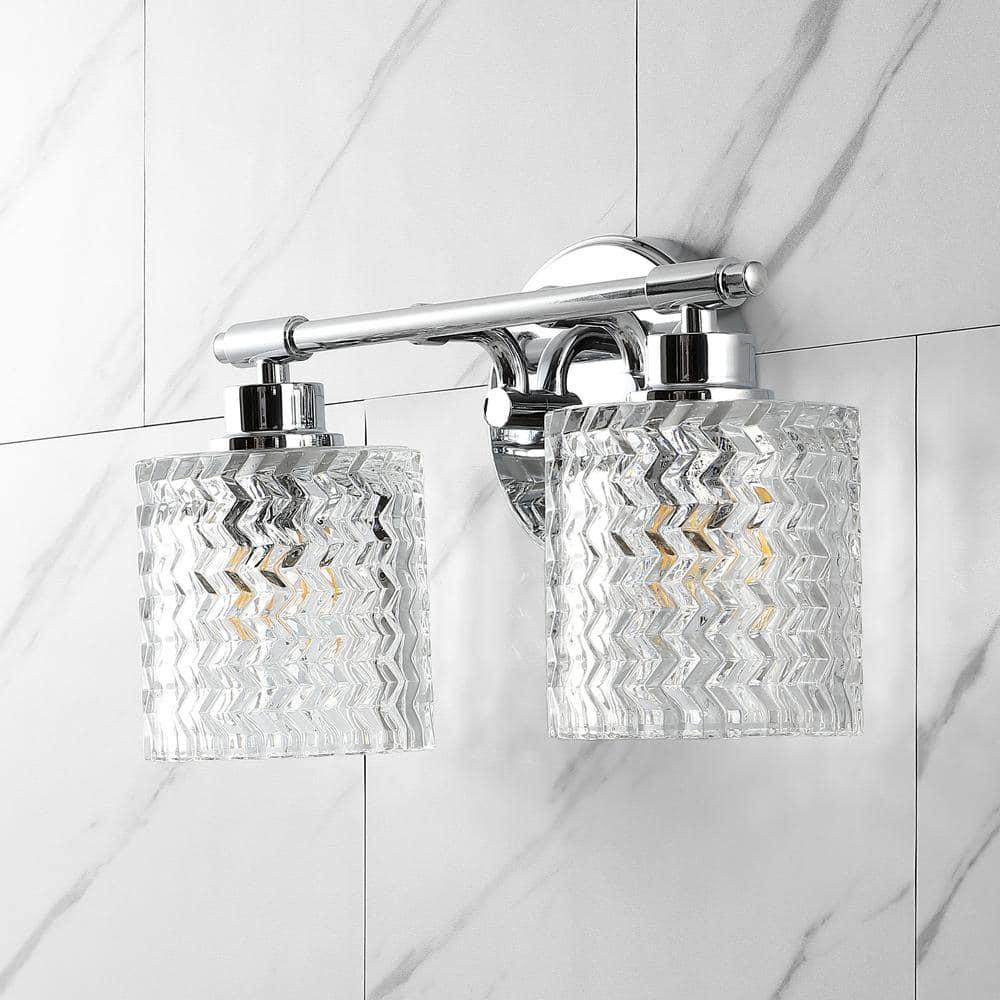 Spaulding Vintage 13" 2-Light Iron/Chevron Pattern Glass Farmhouse Cottage LED Vanity Light, Chrome
