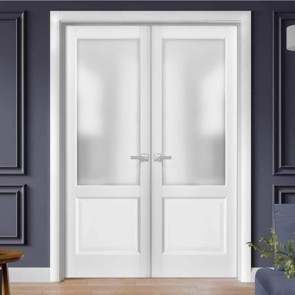 French Double Panel Lite Doors with Hardware | Lucia 22 White Silk with Frosted Opaque Glass | Panel Frame Trims | Bathroom Bedroom Interior Sturdy Door-36" x 84" (2* 18x84)