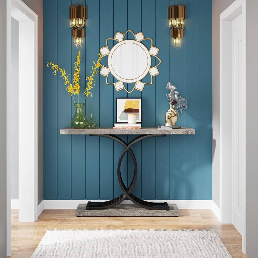 Tribesigns Modern 39-inch Console Tables, Farmhouse Entryway Table with Geometric Base, Wooden Narrow Hallway Table/Sofa Table for Living Room, Grey