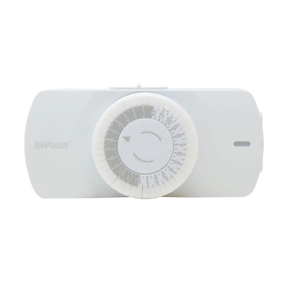Woods 50101WD Easy-to-use Narrow Style Indoor 24-Hour Mechanical Timer, Single 2-prong (polarized) Outlet, White