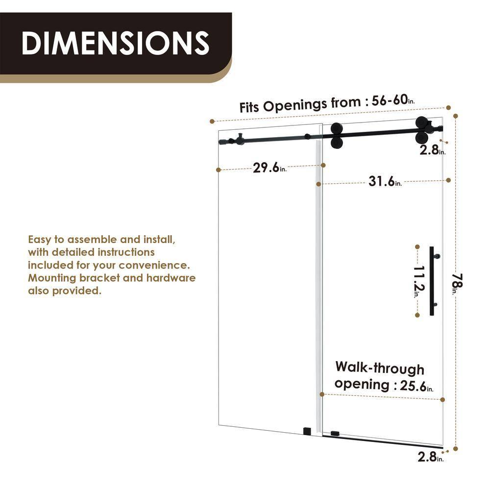 56" - 60" W x 78" H Single Sliding Frameless Shower Door