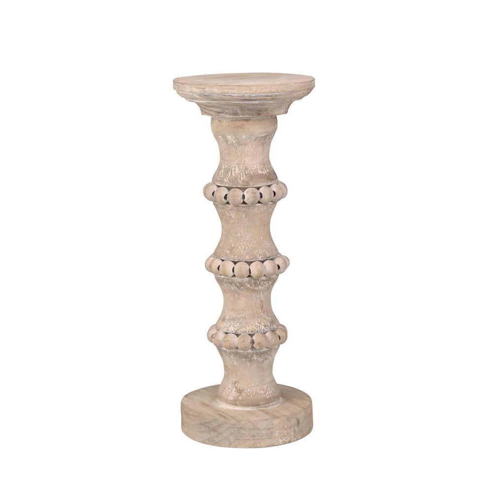 Sagebrook Home Wood Pillar Candle Holder with Decorative Beads, Antique Finish Candlestick for Home or Wedding Decor, Ivory/Beige, 5 L x 5 W x 13 H