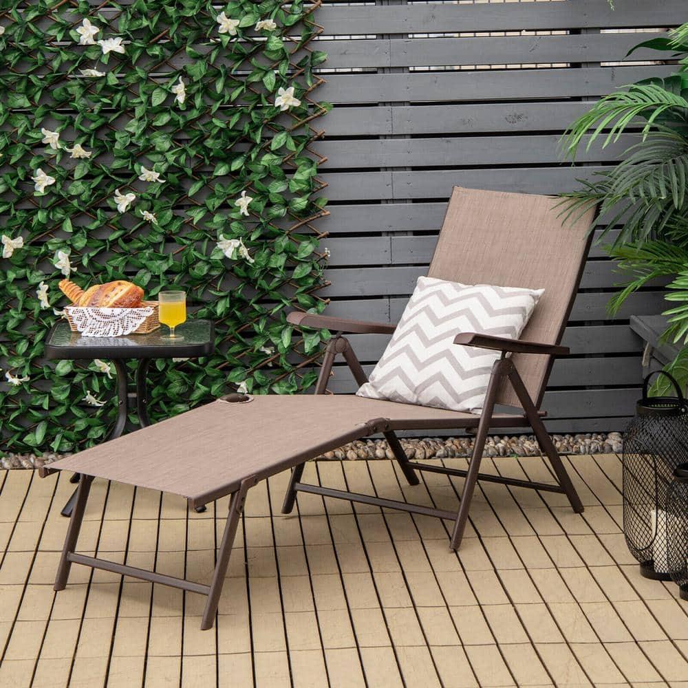 YOJFOTOOUQYUAN. 5 Stages Adjustable Patio Folding Lounge Chair Metal Outdoor Sling Fabric Recliner Chaise for Beach Yard Pool, 2 Pack,Brown