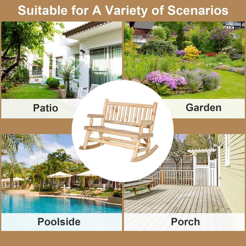 Outsunny 2-Person Wood Rocking Chair with Log Design, Heavy Duty Loveseat with Wide Curved Seats for Patio, Backyard, Garden, Natural