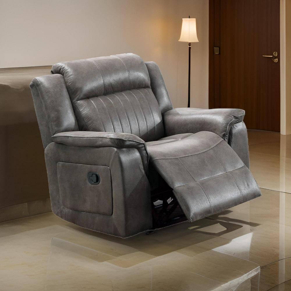 Benjara Fabric Manual Recliner Chair with Pillow Top Arms, Gray