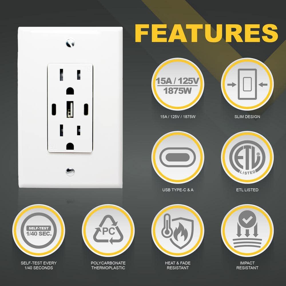 6.0A USB Outlet, 3-Port 30W Wall Outlets with 2 Type C & 1 Type A, 15 Amp Receptacle Plug, Tamper Resistant Receptacle, Standard Wall Plate Included, ETL Listed, White, 1 Pack