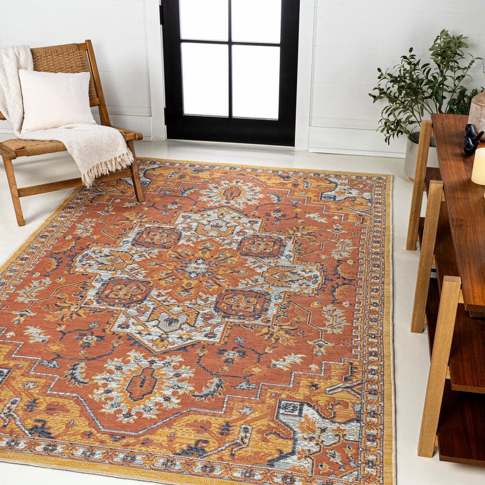 JONATHAN Y Bijan Traditional Vintage Medallion Reversible Machine-Washable Terra/Blue/Cream 3 ft. x 5 ft. Indoor/Outdoor Area Rug