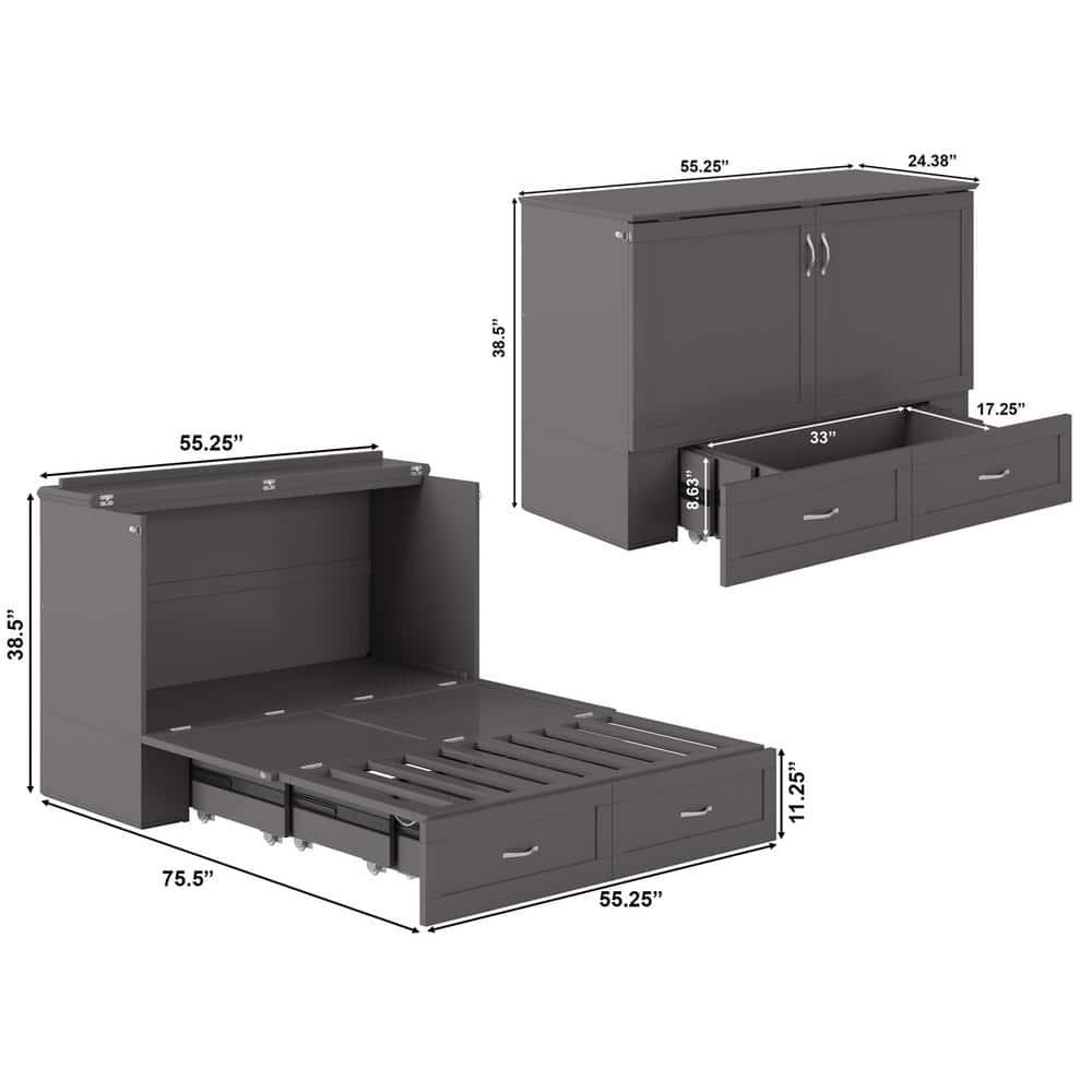 AFI Hamilton Full Solid Wood Murphy Bed Chest with Built-In Charger in Gray