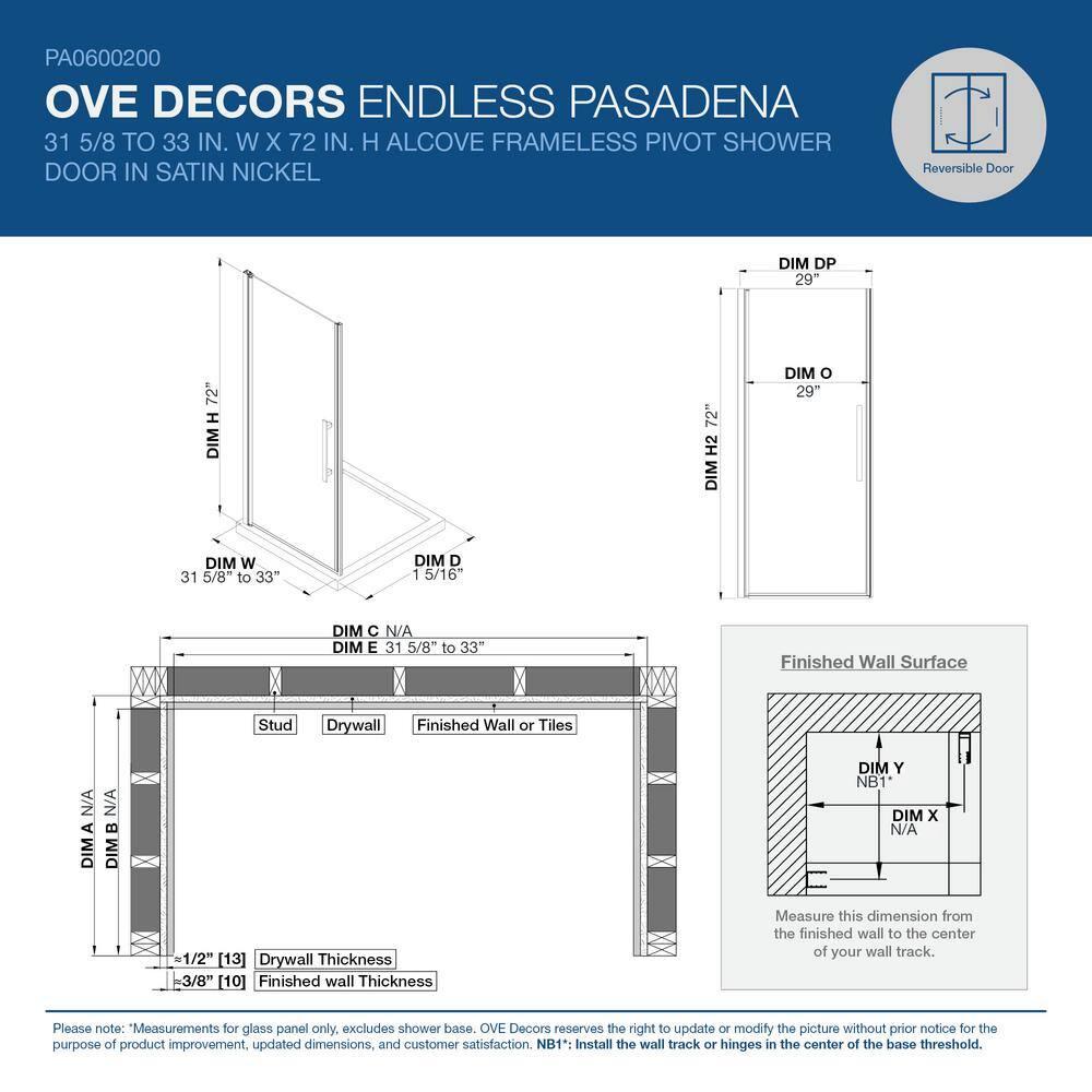 Endless Pasadena 32" W x 72" H Alcove Frameless Shower Kit