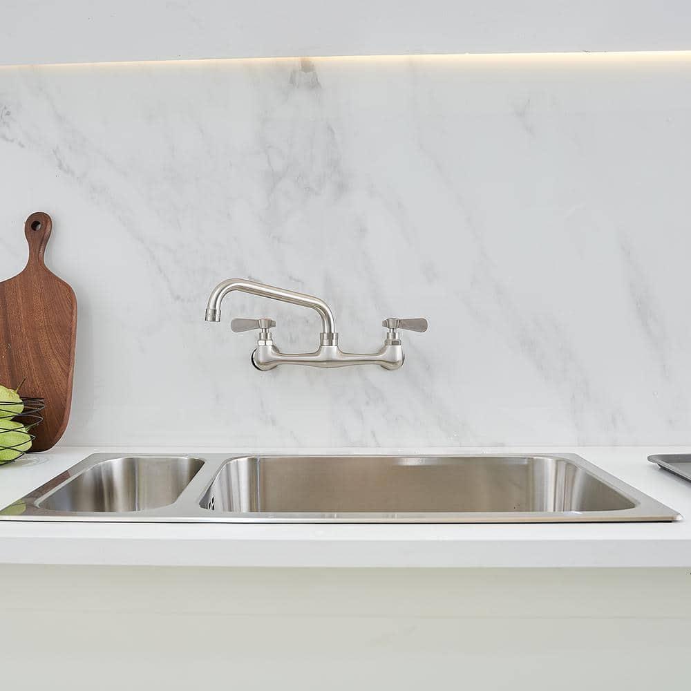 BWE Double Handles Wall Mount Modern Standard Kitchen Faucet With 8 Inch Swivel Spout 8" Center