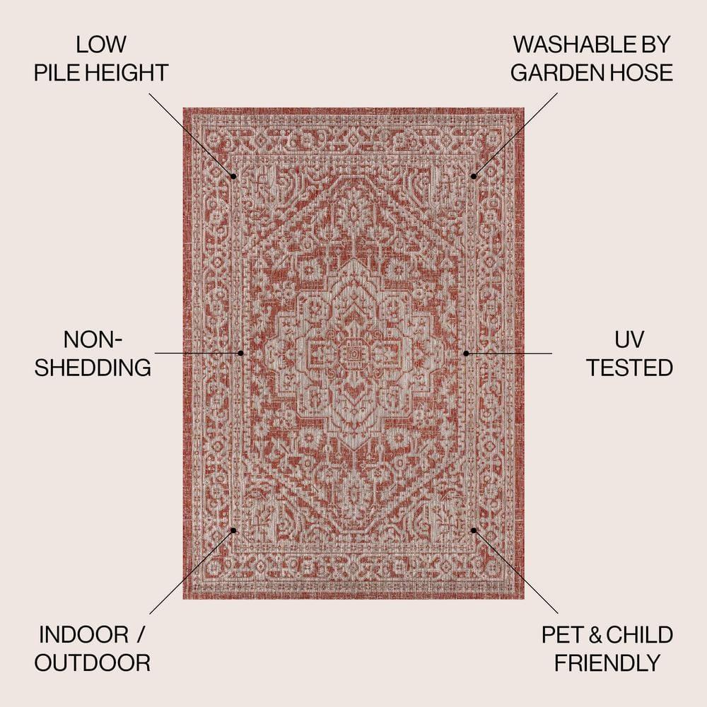8'x10' Sinjuri Medallion Textured Weave Indoor/Outdoor Area Rug, Red/Taupe - JONATHAN Y