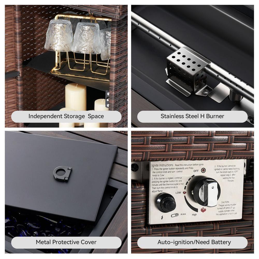 Gyutei44-in Rectangle 50,000 BTU PE Rattan Propane Fire Pit Table with Lid, Non-Glass Wind Cover