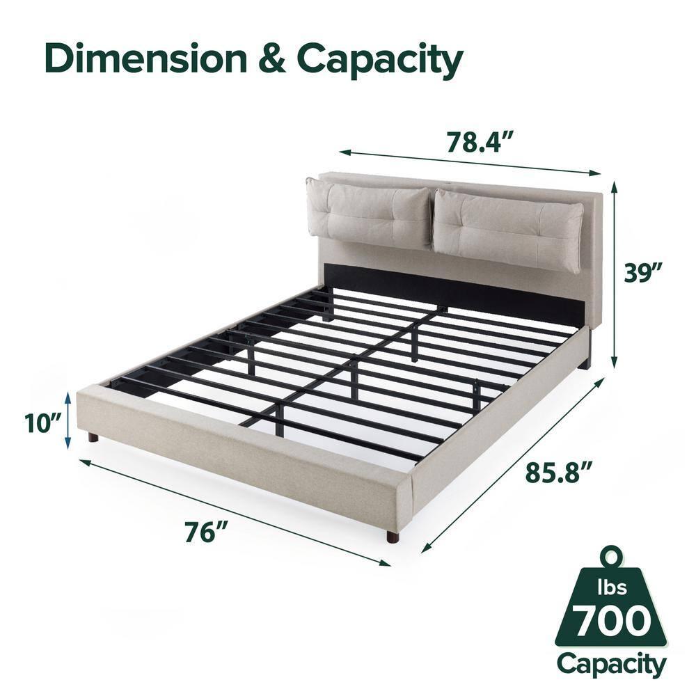 Zinus 39" Avery Platform Bed, Reclining Fabric Headboard and USB Ports, Beige, King