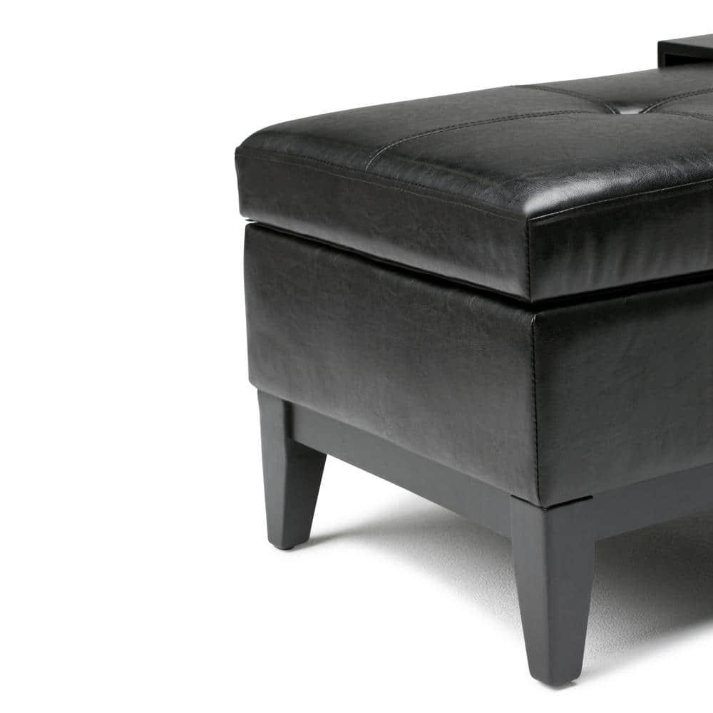 Simpli Home Oregon 42 inch Wide Contemporary Rectangle Storage Ottoman Bench with Tray in Tanners Brown Faux Leather-Finish:Midnight Black