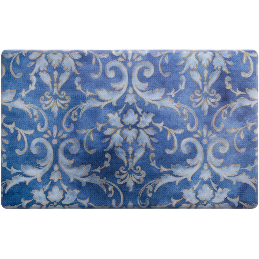 SoHome Cozy Living Watercolor Damask Anti-Fatigue Kitchen Mat, Blue/Gold, 20"x36"