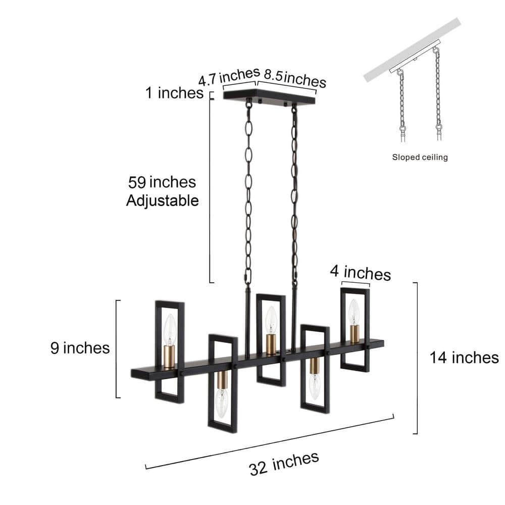 Uolfin Modern Rectangle Dining Table Chandelier Transitional 5-Light Black and Brass Kitchen Island Candlestick Chandelier
