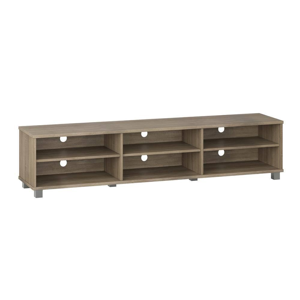 CorLiving Hollywood TV Stand for TVs up to 85" Wood Grain Brown: Modern Entertainment Center with Open Shelves