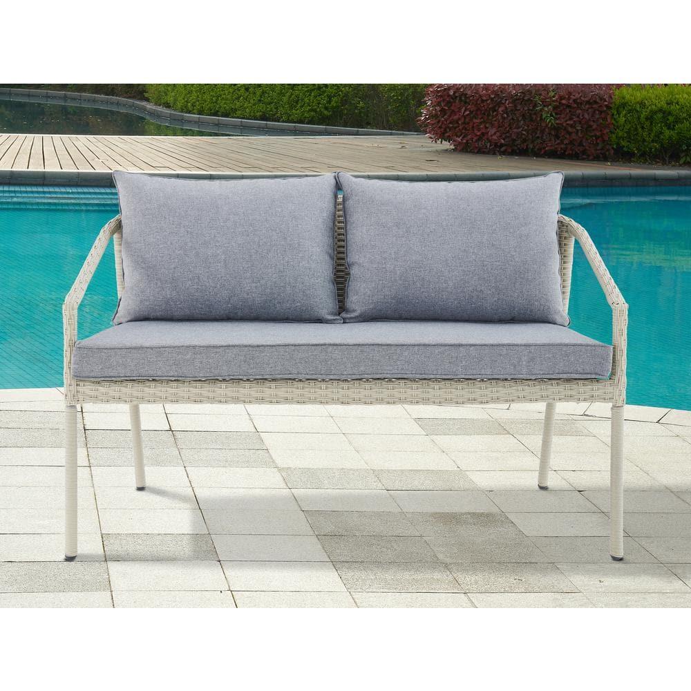 Windham All-Weather Wicker Two-Seat Outdoor Light Gray Bench with Dark Gray Cushions