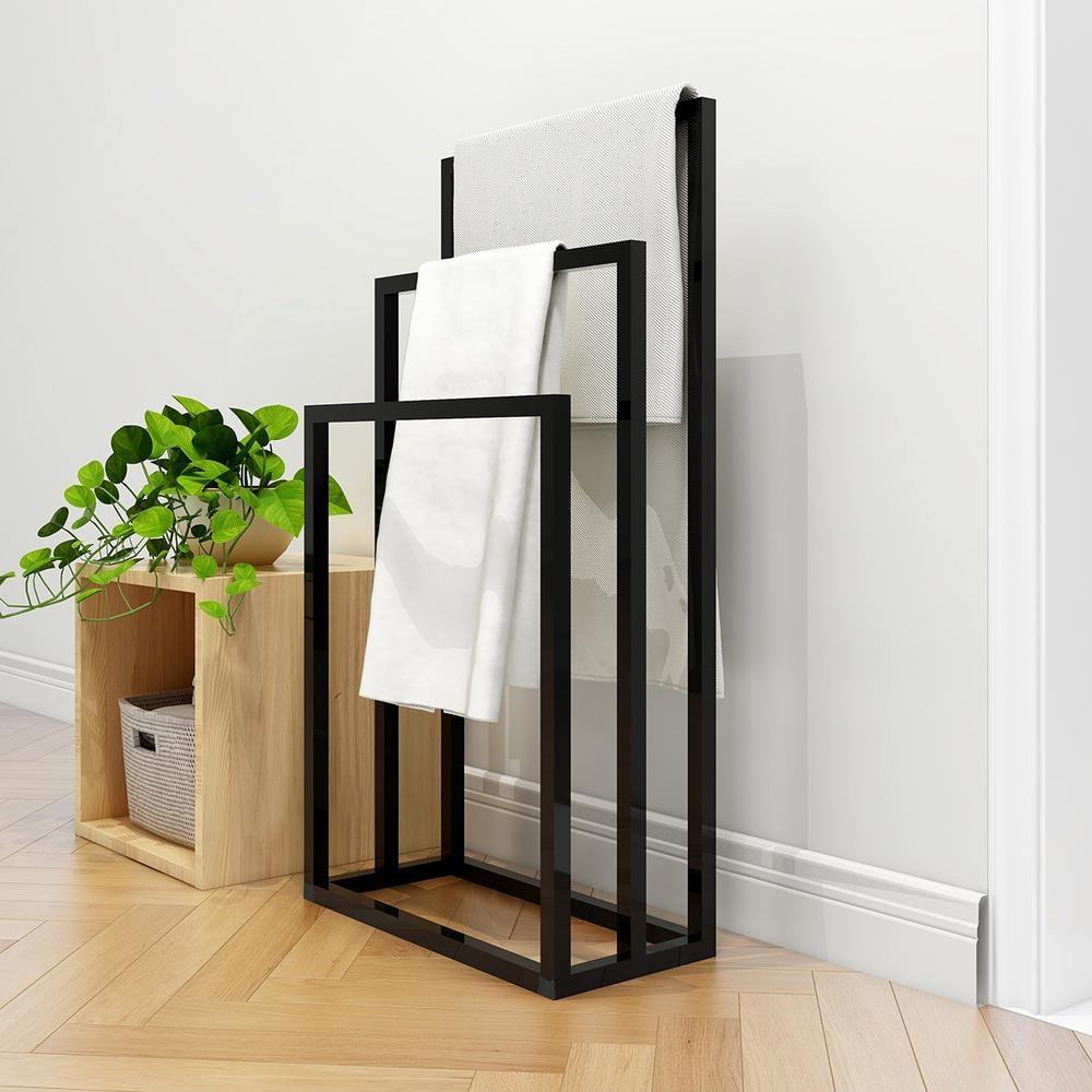 Gzxs 3-Tier Metal Towel Rack Modern Freestanding Towel Rack, Bathroom Metal Storage Towel Rack, Black