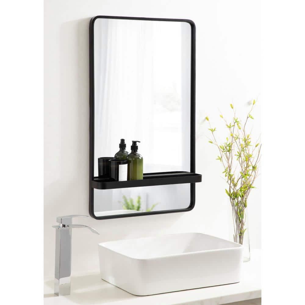 Kate and Laurel Estero Modern Metal Rectangle Mirror with Rounded Shelf, 20 x 34, Black, Decorative Contemporary Rounded Rectangle Shelf Mirror for Living Room or Bedroom Storage and Display