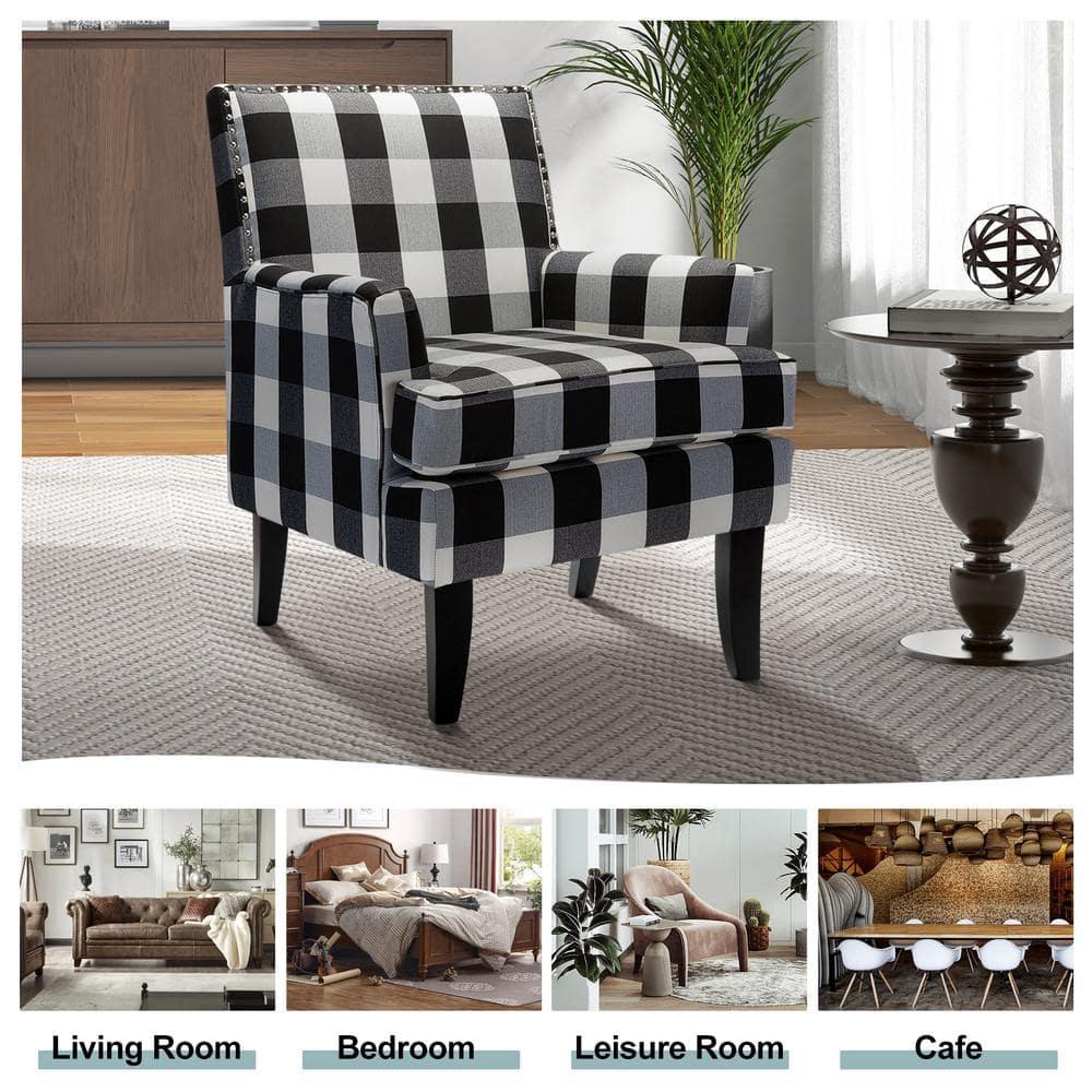 Upholstery Armchair Accent Chair Sofa Couch Wood Legs Nailhead Trim Home Living Room Bedroom Plaid White Black