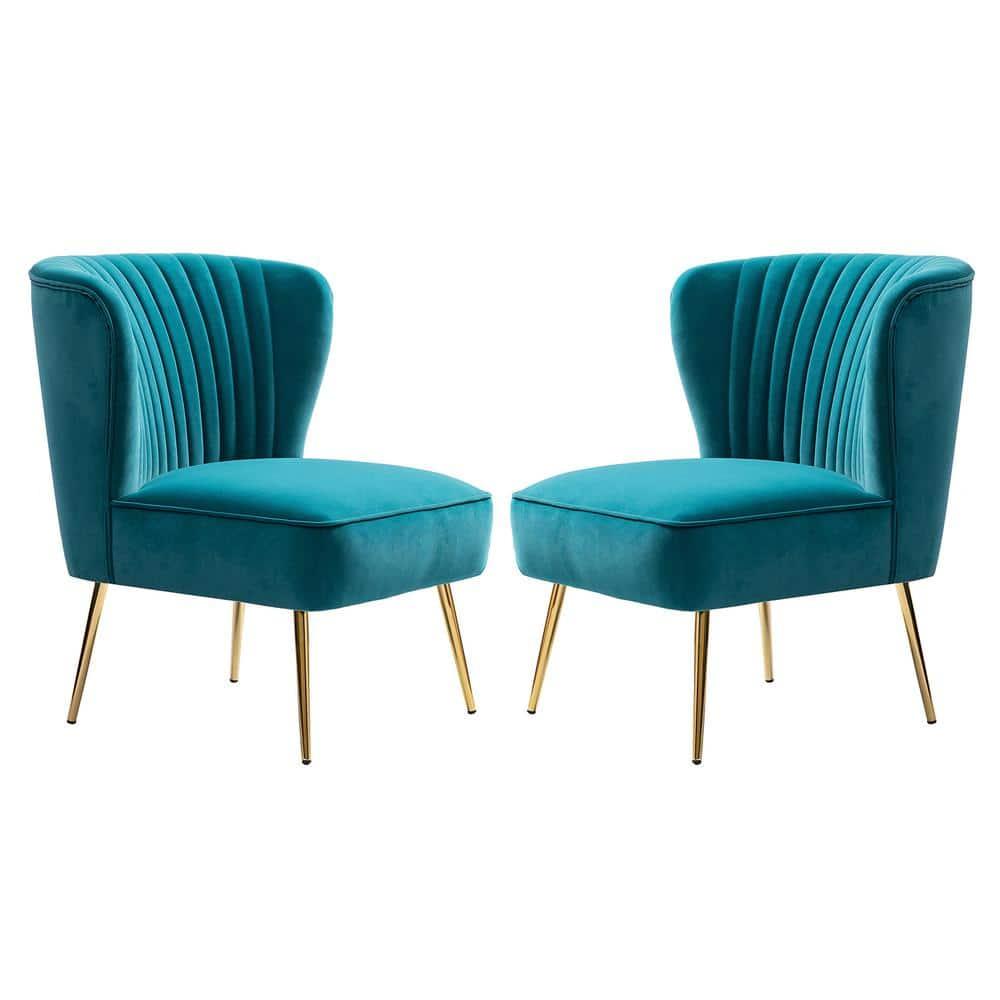 Velvet Accent Chair Set of 2 Upholstered Adult Side Chairs Gold Leg Home Bedroom Blue